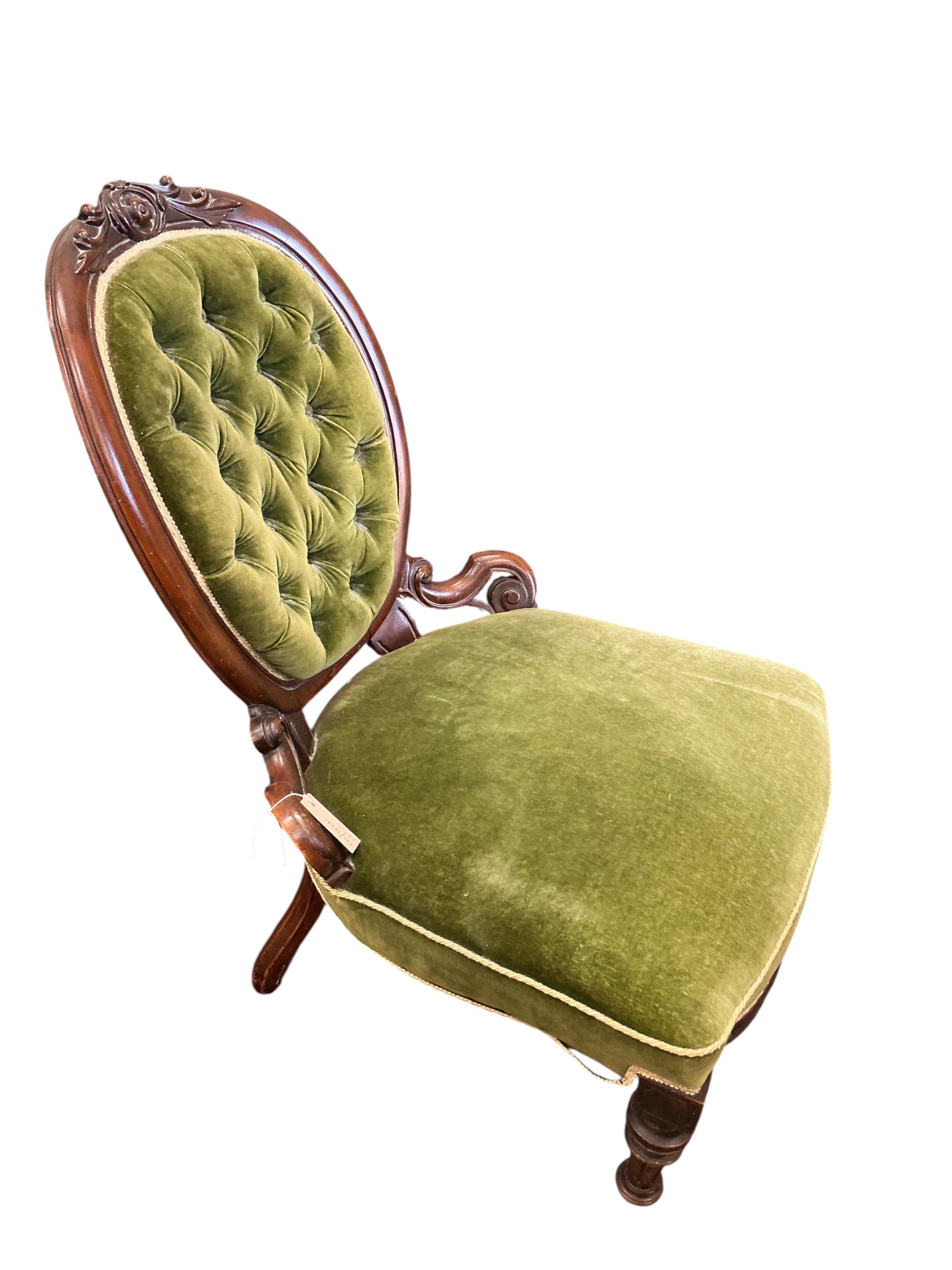 A Victorian upholstered mahogany nursing chair together with a Victorian prie dieu chair